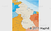 Shaded Relief 3D Map of Guyana, political outside, shaded relief sea