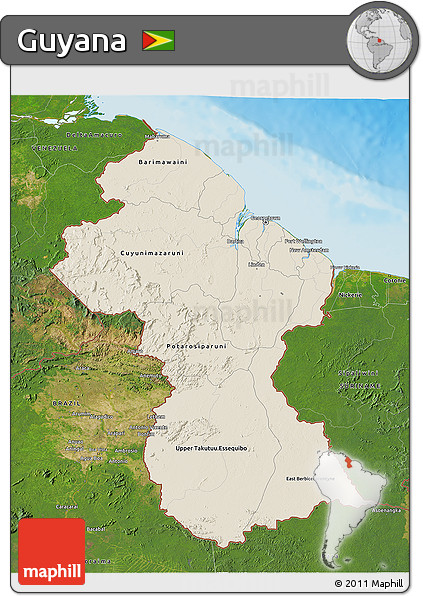 Shaded Relief 3D Map of Guyana, satellite outside, shaded relief sea