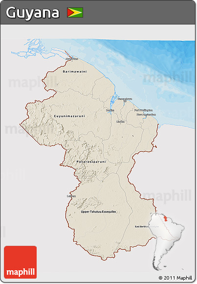 Shaded Relief 3D Map of Guyana, single color outside, bathymetry sea, shaded relief sea