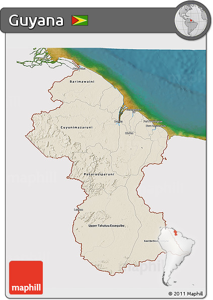 Shaded Relief 3D Map of Guyana, single color outside, satellite sea
