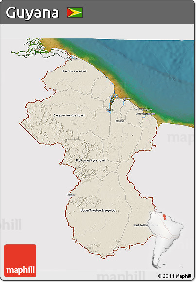 Shaded Relief 3D Map of Guyana, single color outside, satellite sea