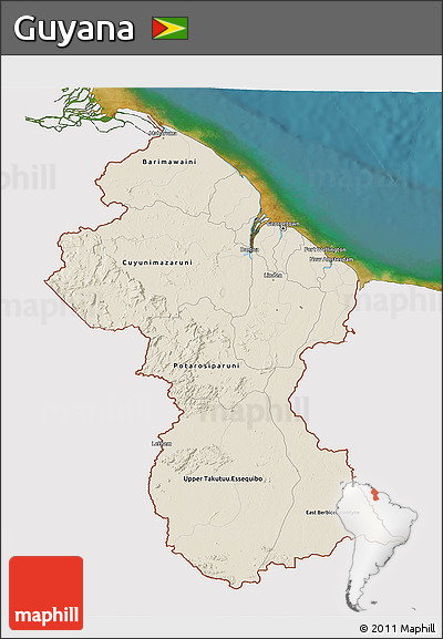 Shaded Relief 3D Map of Guyana, single color outside, satellite sea