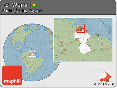 Savanna Style Location Map of I-2  Waini, highlighted country, highlighted parent region, within the entire country, hill shading