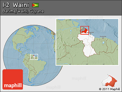 Savanna Style Location Map of I-2  Waini, highlighted country, highlighted parent region, within the entire country, hill shading