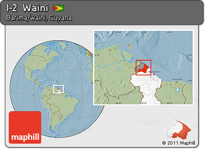 Savanna Style Location Map of I-2  Waini, highlighted country, highlighted parent region, hill shading