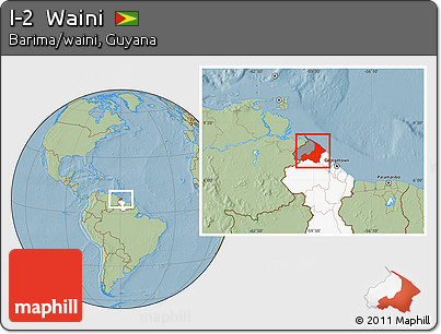 Savanna Style Location Map of I-2  Waini, highlighted country, highlighted parent region, hill shading