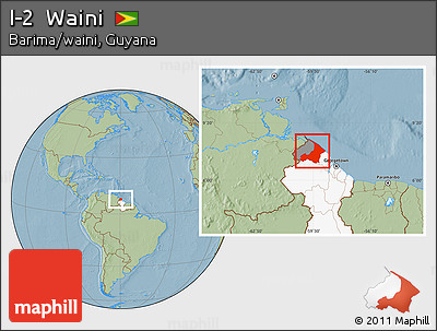 Savanna Style Location Map of I-2  Waini, highlighted country, highlighted parent region, hill shading