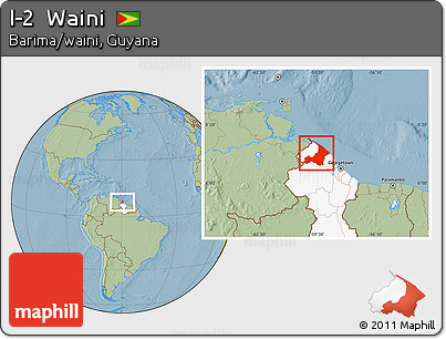 Savanna Style Location Map of I-2  Waini, highlighted country, hill shading