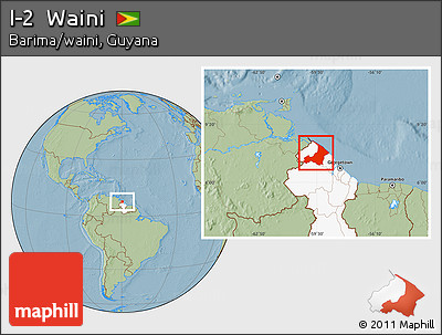 Savanna Style Location Map of I-2  Waini, highlighted country, hill shading