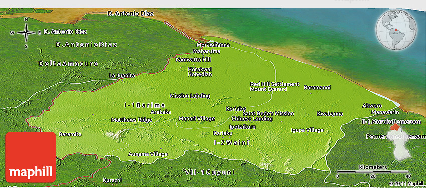 Physical Panoramic Map of Barima/waini, satellite outside