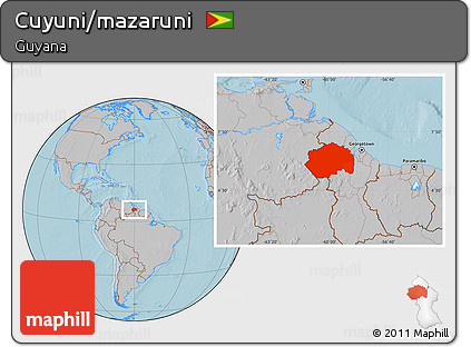 Gray Location Map of Cuyuni/mazaruni, hill shading