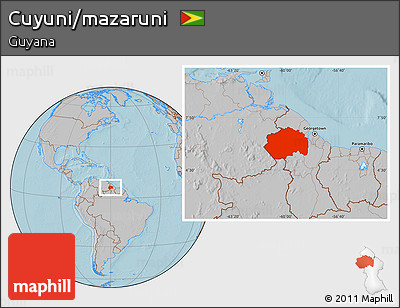 Gray Location Map of Cuyuni/mazaruni, hill shading