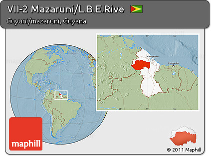 Savanna Style Location Map of VII-2 Mazaruni/L.B.E.Rive, highlighted country, within the entire country, hill shading