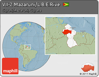 Savanna Style Location Map of VII-2 Mazaruni/L.B.E.Rive, highlighted country, within the entire country, hill shading