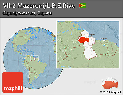 Savanna Style Location Map of VII-2 Mazaruni/L.B.E.Rive, highlighted country, within the entire country, hill shading