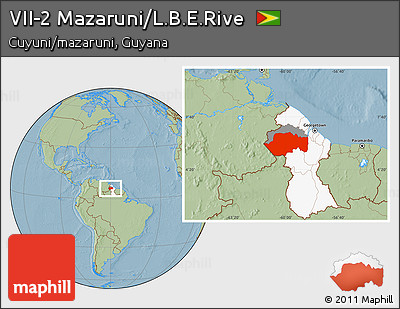Savanna Style Location Map of VII-2 Mazaruni/L.B.E.Rive, highlighted country, highlighted parent region, hill shading