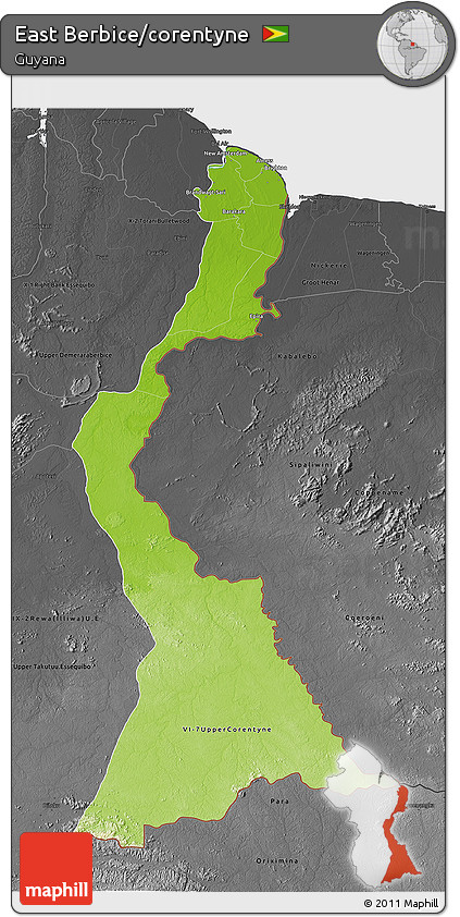 Physical 3D Map of East Berbice/corentyne, darken, desaturated