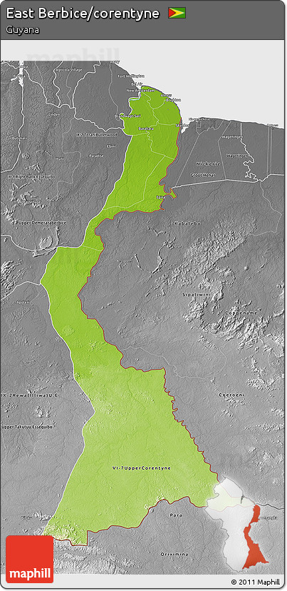 Physical 3D Map of East Berbice/corentyne, desaturated