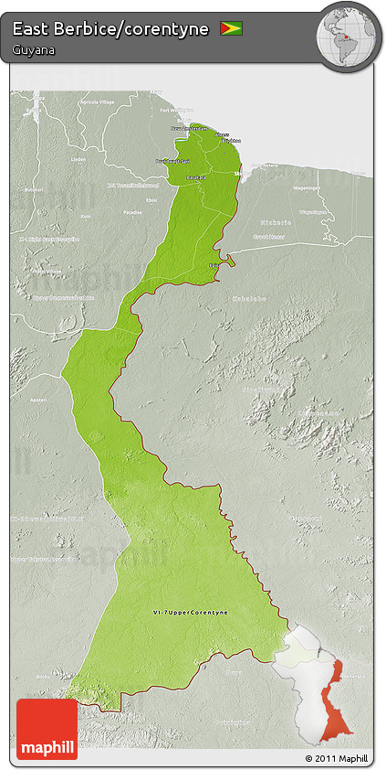 Physical 3D Map of East Berbice/corentyne, lighten, semi-desaturated