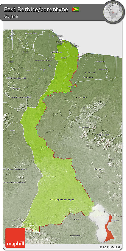 Physical 3D Map of East Berbice/corentyne, semi-desaturated
