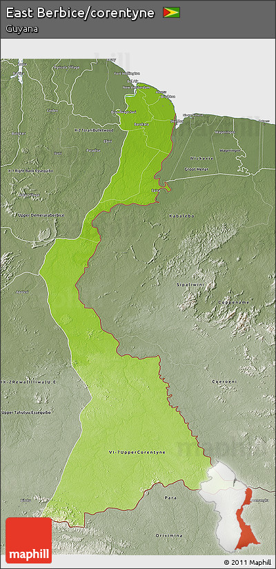 Physical 3D Map of East Berbice/corentyne, semi-desaturated