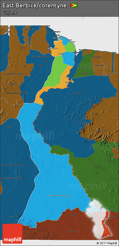Political 3D Map of East Berbice/corentyne, darken