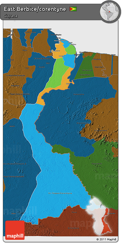 Political 3D Map of East Berbice/corentyne, darken