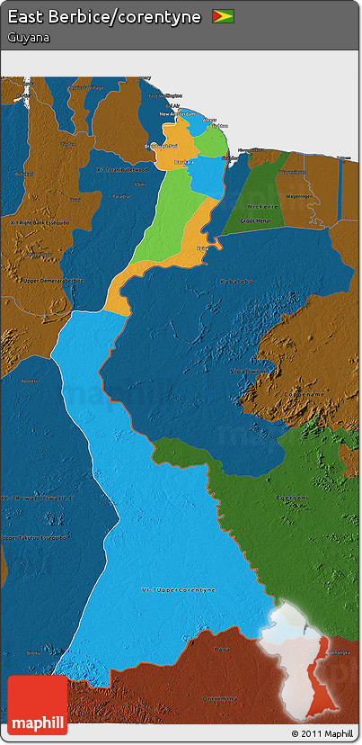 Political 3D Map of East Berbice/corentyne, darken