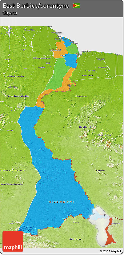 Political 3D Map of East Berbice/corentyne, physical outside