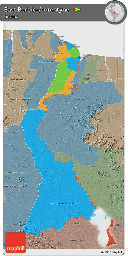 Political 3D Map of East Berbice/corentyne, semi-desaturated