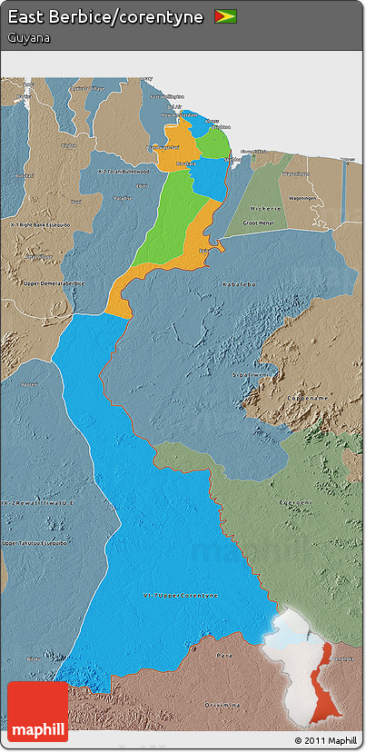 Political 3D Map of East Berbice/corentyne, semi-desaturated