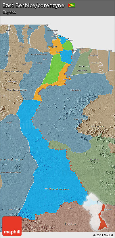 Political 3D Map of East Berbice/corentyne, semi-desaturated