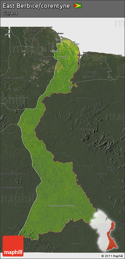Satellite 3D Map of East Berbice/corentyne, darken, semi-desaturated