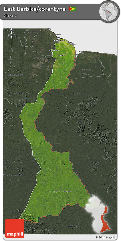 Satellite 3D Map of East Berbice/corentyne, darken, semi-desaturated