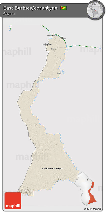 Shaded Relief 3D Map of East Berbice/corentyne, single color outside