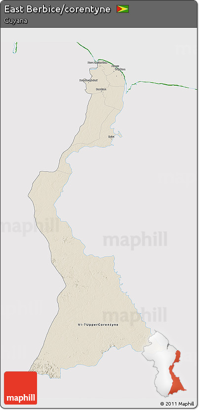 Shaded Relief 3D Map of East Berbice/corentyne, single color outside
