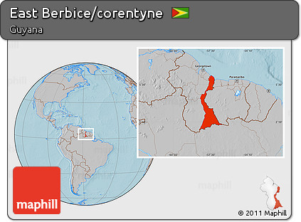 Gray Location Map of East Berbice/corentyne, hill shading