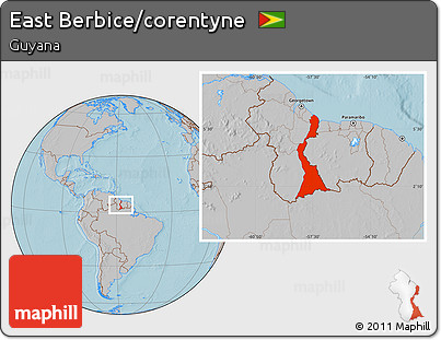 Gray Location Map of East Berbice/corentyne, hill shading