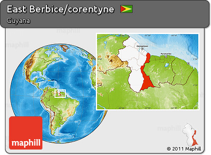 Physical Location Map of East Berbice/corentyne, highlighted country