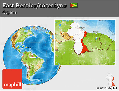 Physical Location Map of East Berbice/corentyne, highlighted country