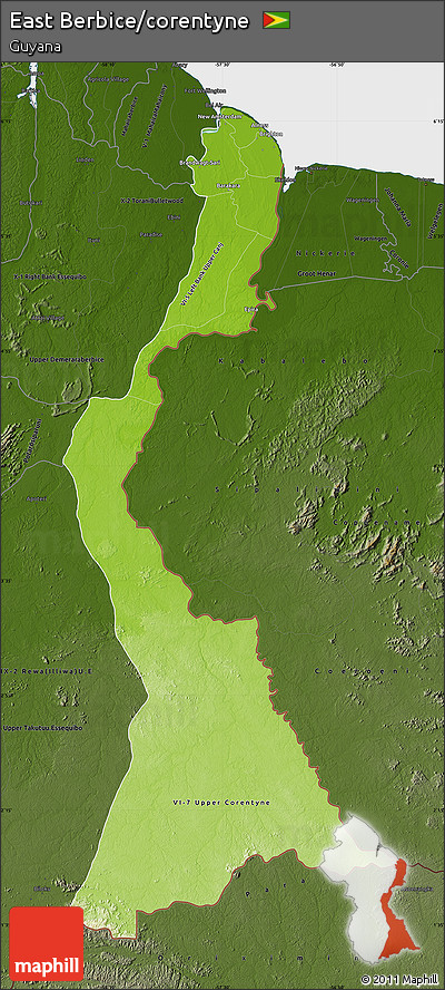 Physical Map of East Berbice/corentyne, darken