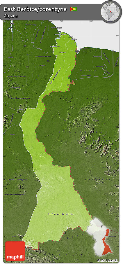 Physical Map of East Berbice/corentyne, darken