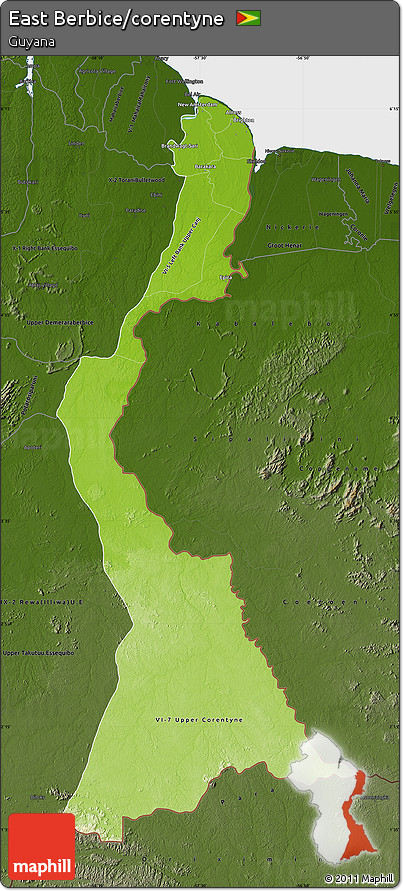 Physical Map of East Berbice/corentyne, darken