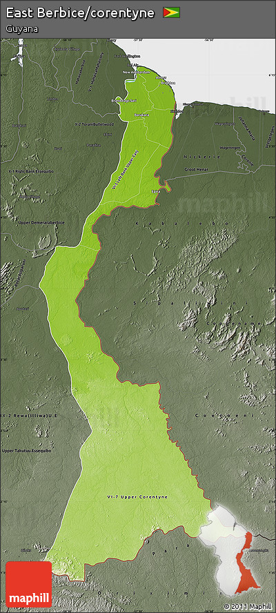 Physical Map of East Berbice/corentyne, darken, semi-desaturated