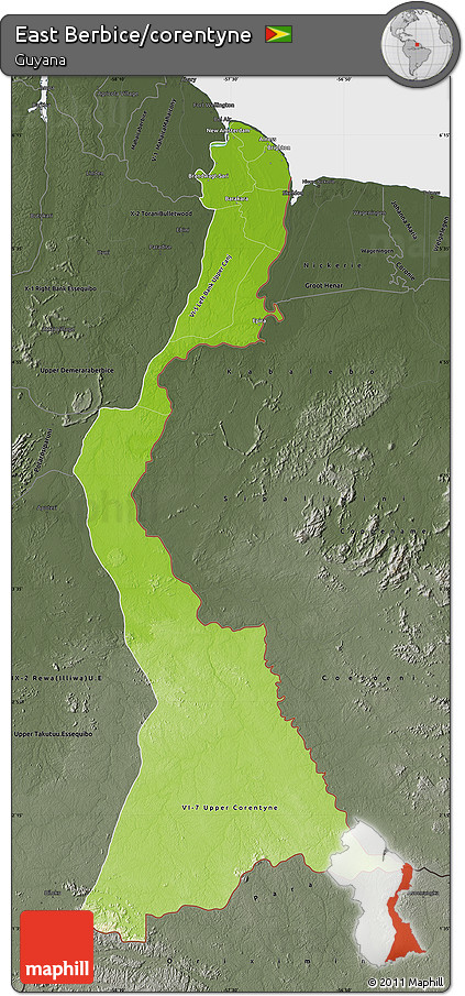 Physical Map of East Berbice/corentyne, darken, semi-desaturated