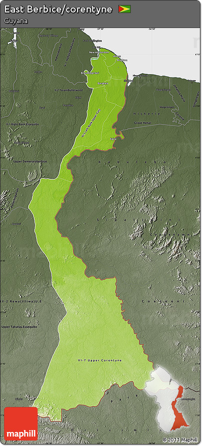 Physical Map of East Berbice/corentyne, darken, semi-desaturated