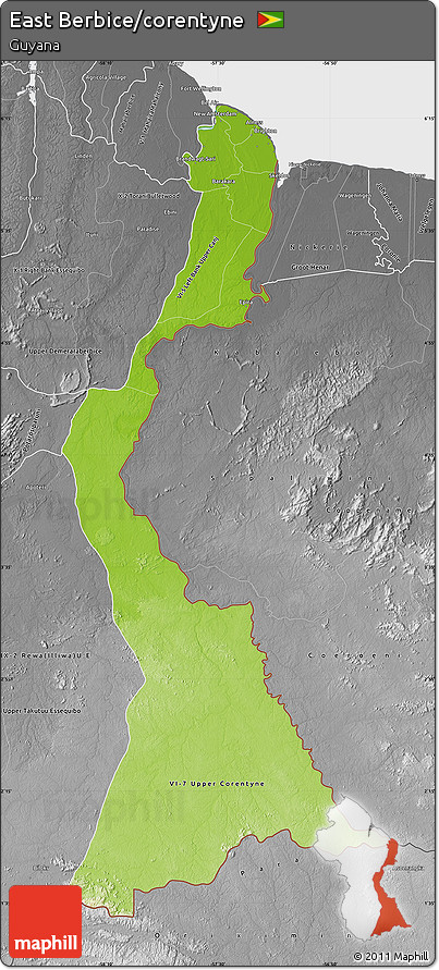 Physical Map of East Berbice/corentyne, desaturated