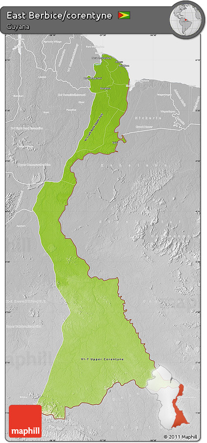 Physical Map of East Berbice/corentyne, lighten, desaturated