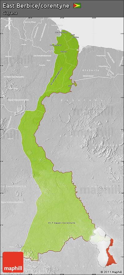 Physical Map of East Berbice/corentyne, lighten, desaturated