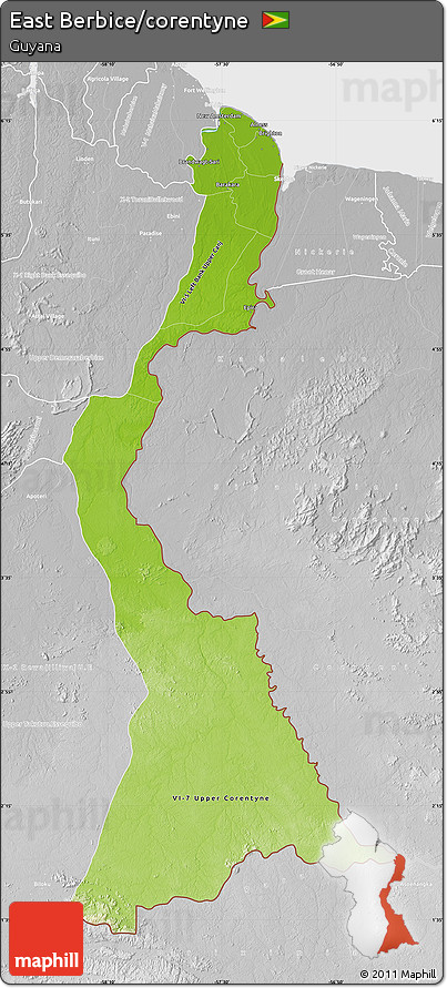 Physical Map of East Berbice/corentyne, lighten, desaturated
